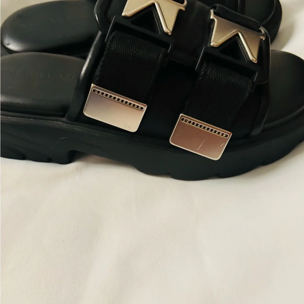 Bottega Veneta Black Leather Dual-Strap Slide Sandals with Silver Buckles
